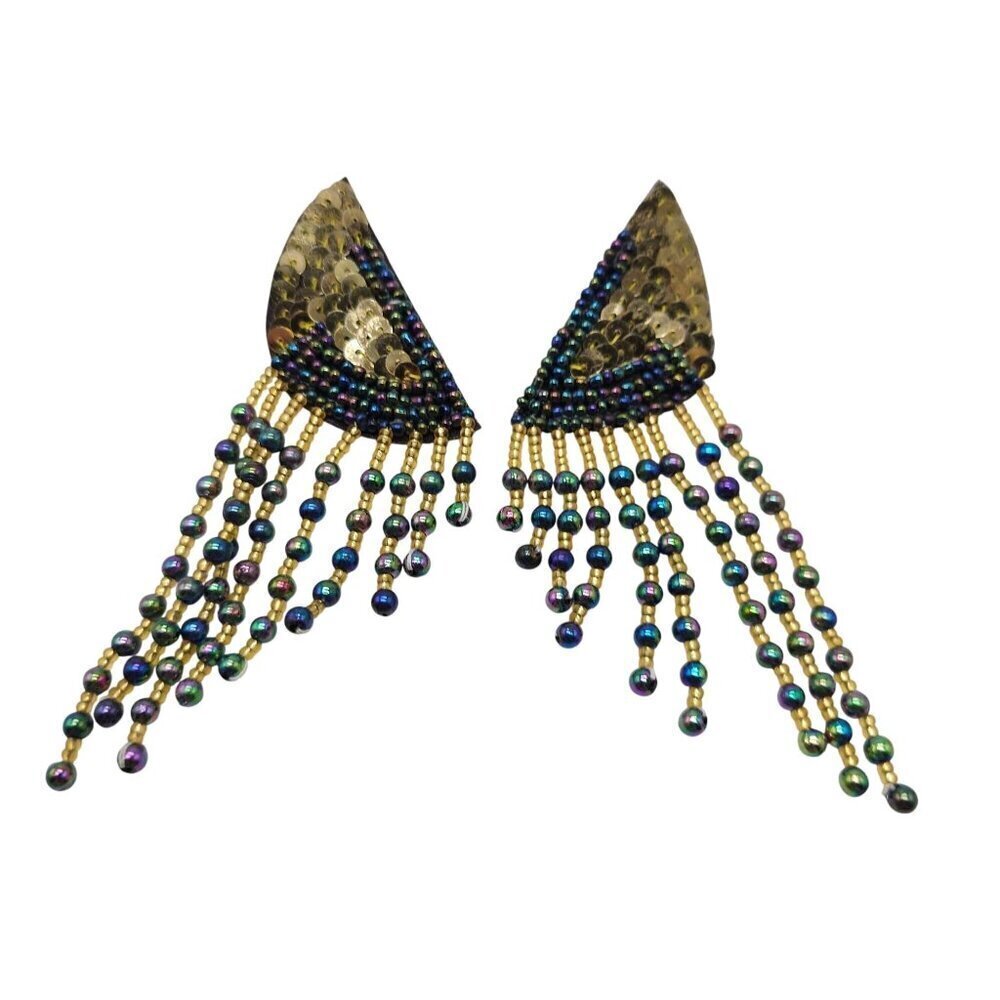 Vintage 1980s Gold Sequin Multicolor Beaded Dangle Earrings